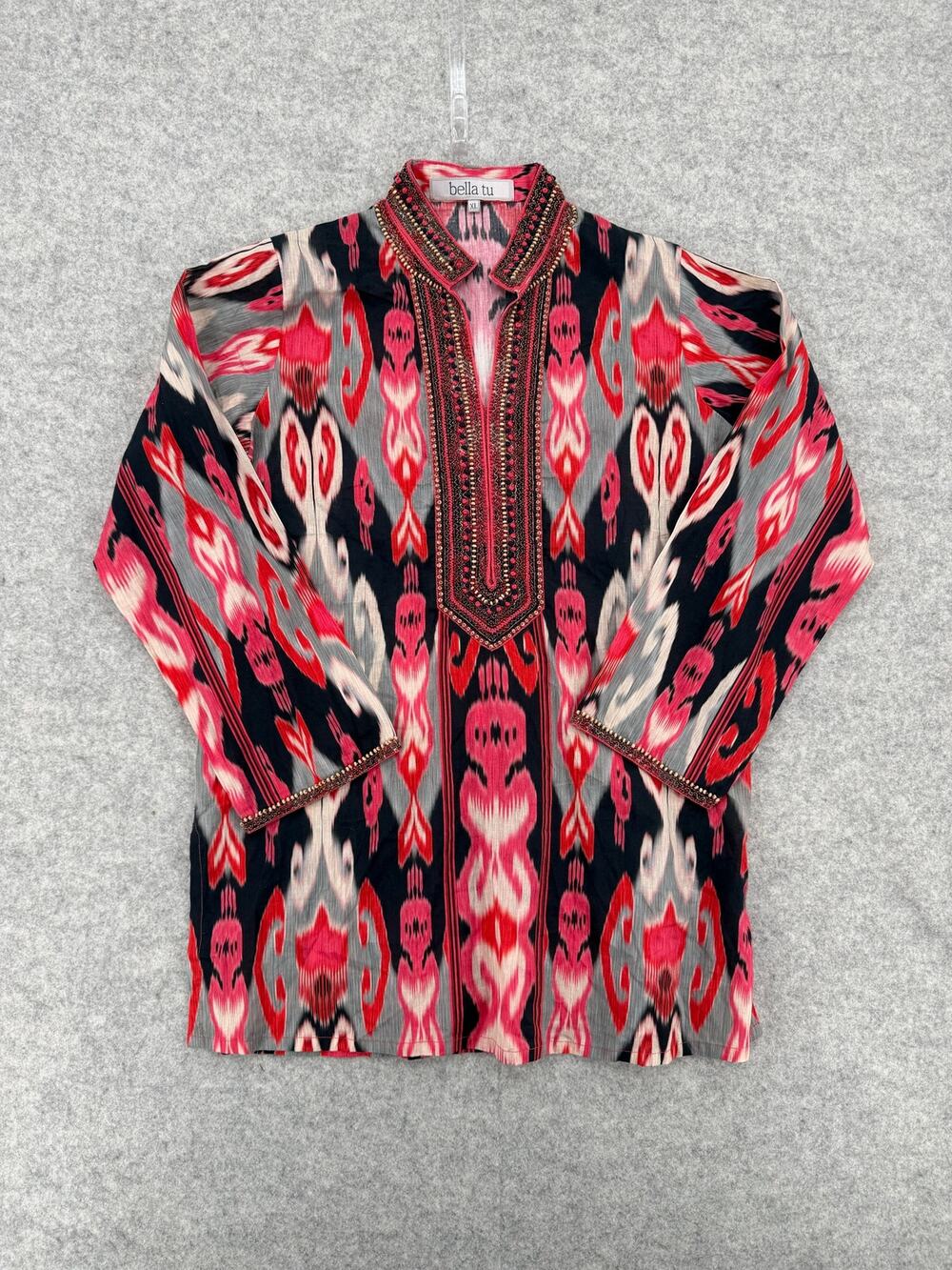 Bella Tu Ikat Print Red/Black Beaded Tunic Top Size X-Large
